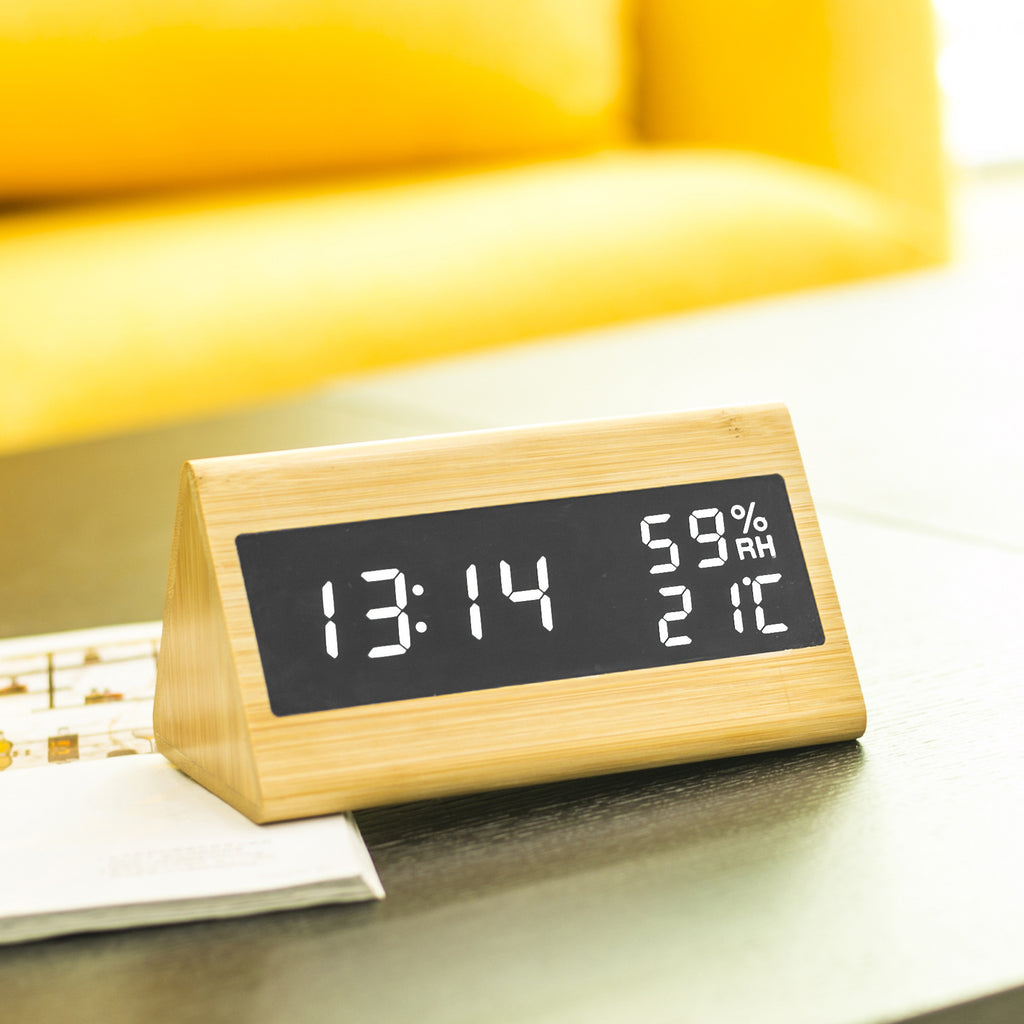 Bamboo Products With Mirror Electronic Bedside Clock Temperature Humidity